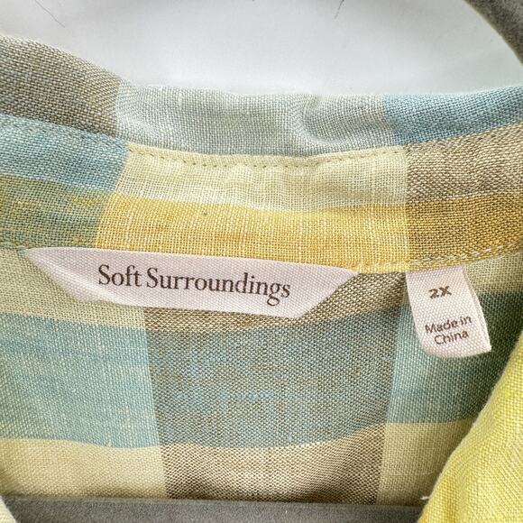 Soft Surroundings Avalon Plaid 100% Linen Button Up Shirt 2X Yellow Green Relax - Picture 4 of 7